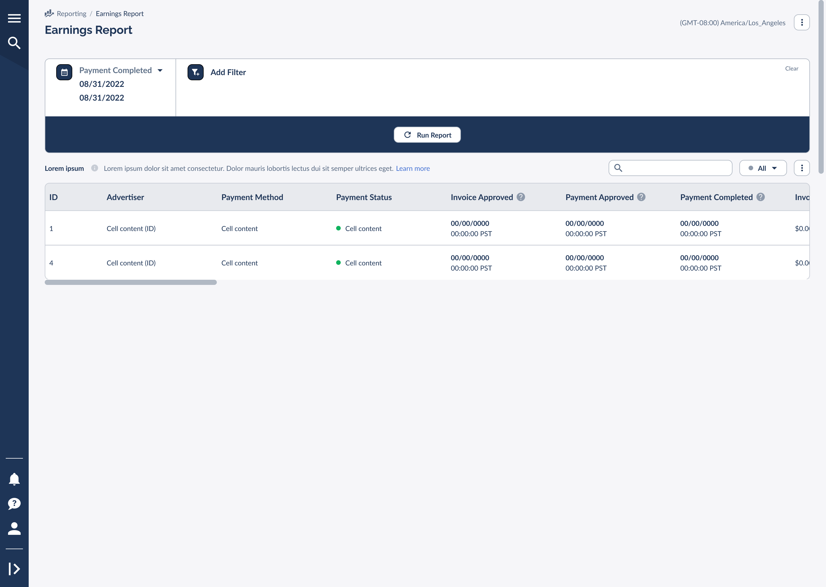 Earnings report filtered by payment completion date